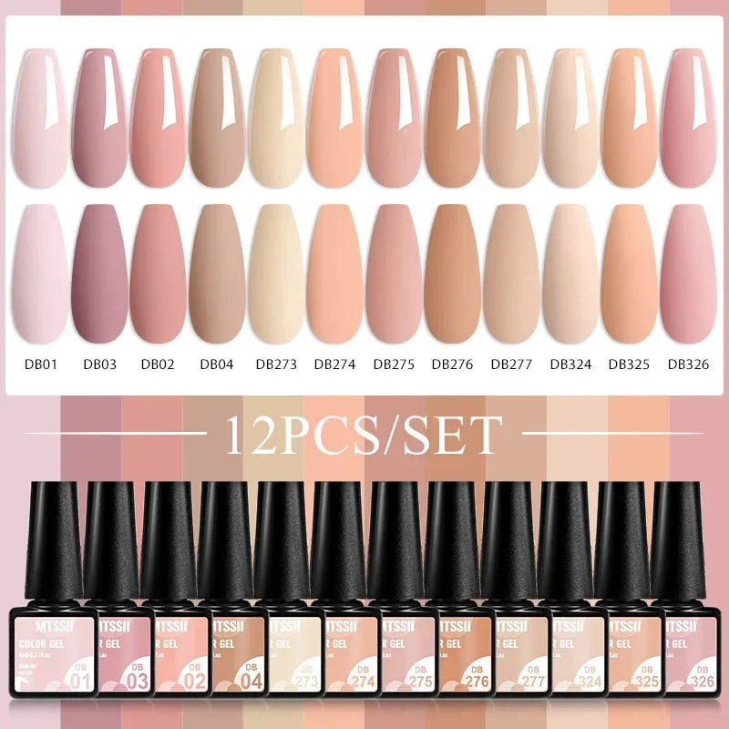 Kit de manucure semi-permanent MTSSII (12 pièces) : vernis gel semi-permanent à tremper, rose nude, rouge pailleté, UV, à paillettes. Fournitures pour ongles à faire soi-même.