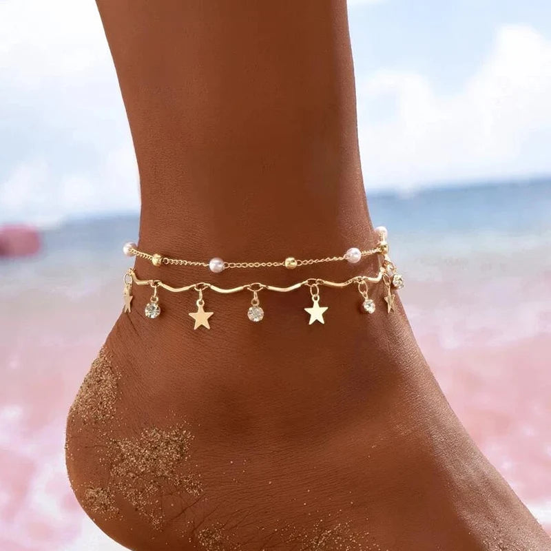 Bracelet de cheville bohème, chaîne de pied, bracelet d'été, pompon, étoile, pendentif en cristal, breloque, sandales, pieds nus, plage, bijou de mariée J022