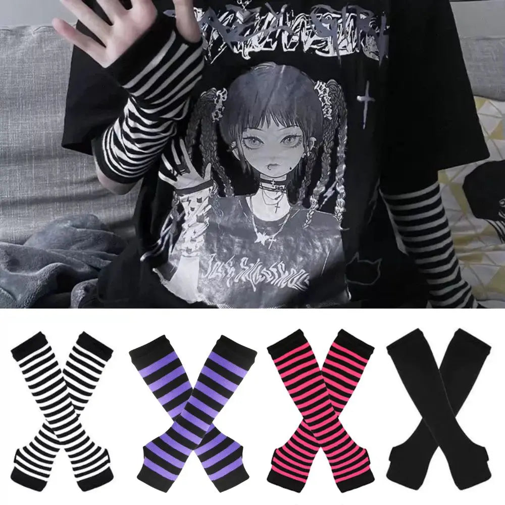 Gants chauds rayés en maille pour femmes et filles, mitaines sans doigts couvrant les coudes, couvrant les bras et les coudes.
