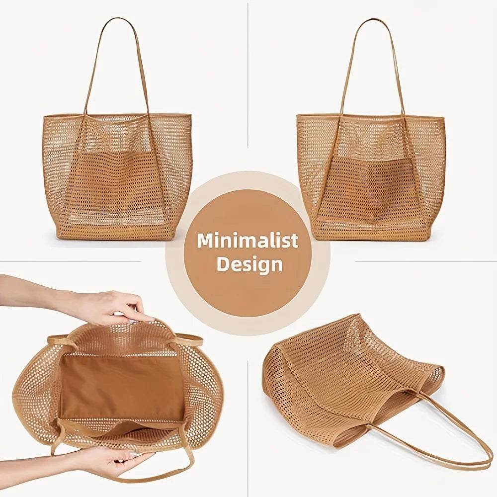 Sac cabas de plage grande capacité pour femme - Sac bandoulière en polyester tissé résistant avec ouverture sur le dessus, idéal pour les voyages et le shopping.