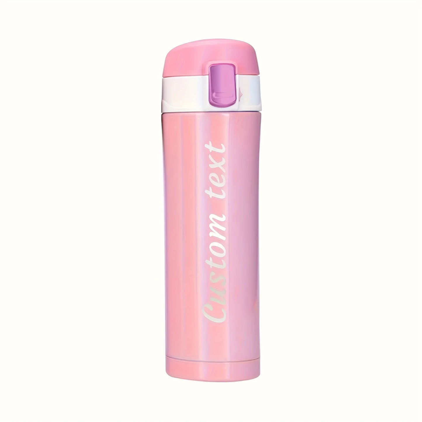 Bouteille isotherme minimaliste personnalisée avec nom gravé au laser - 500 ml, bouchon à verrouillage et couvercle à clapet, en acier inoxydable.