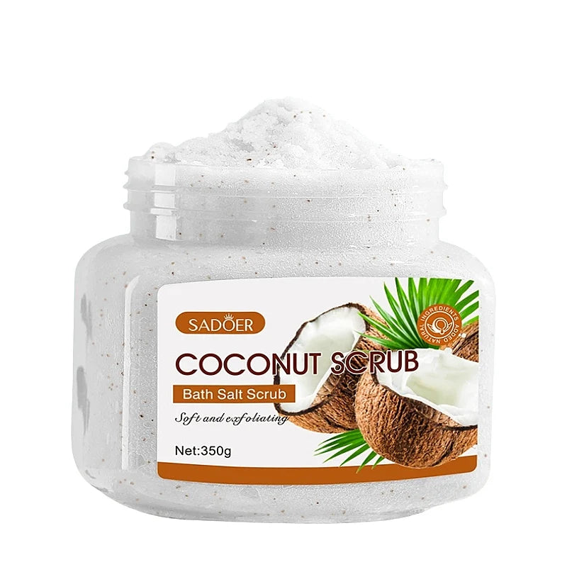 Gommage à la noix de coco de 350 g, riche en poudre de coque de noix, glycérine, extrait de noix de coco et autres ingrédients de soin, avec un parfum frais et intense de noix de coco.