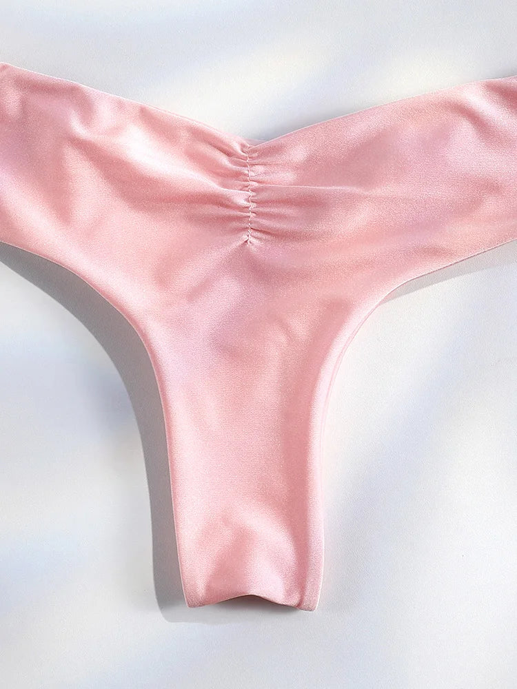 Ensemble bikini sexy à plis, micro bikini uni, maillot de bain femme triangle, tenue de plage