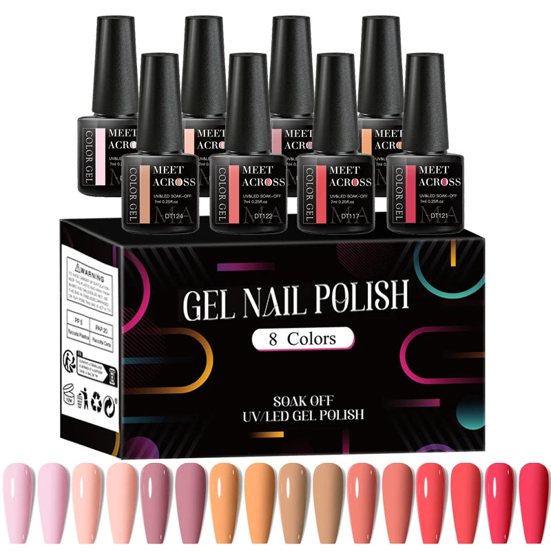 MEET ACROSS - Ensemble de 8 vernis à ongles gel fluorescents pour l'été et le printemps, avec paillettes laser colorées et manucure gel.