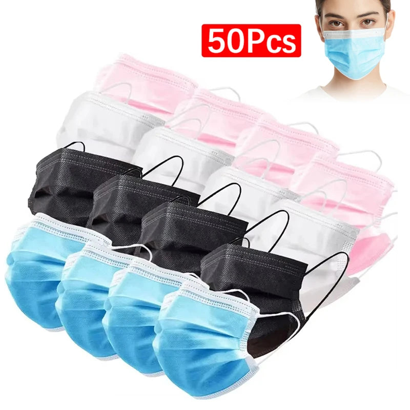 Lot de 50 masques de protection jetables à 3 couches en tissu non tissé, bleus, pour adultes.