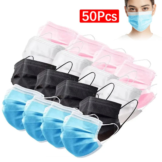 Lot de 50 masques de protection jetables à 3 couches en tissu non tissé, bleus, pour adultes.