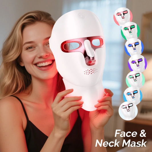 Masque facial LED 7 couleurs pour le visage et le cou : soin photo-régénérant, éclaircissant et raffermissant. Rechargeable. Soin beauté du visage et du cou.