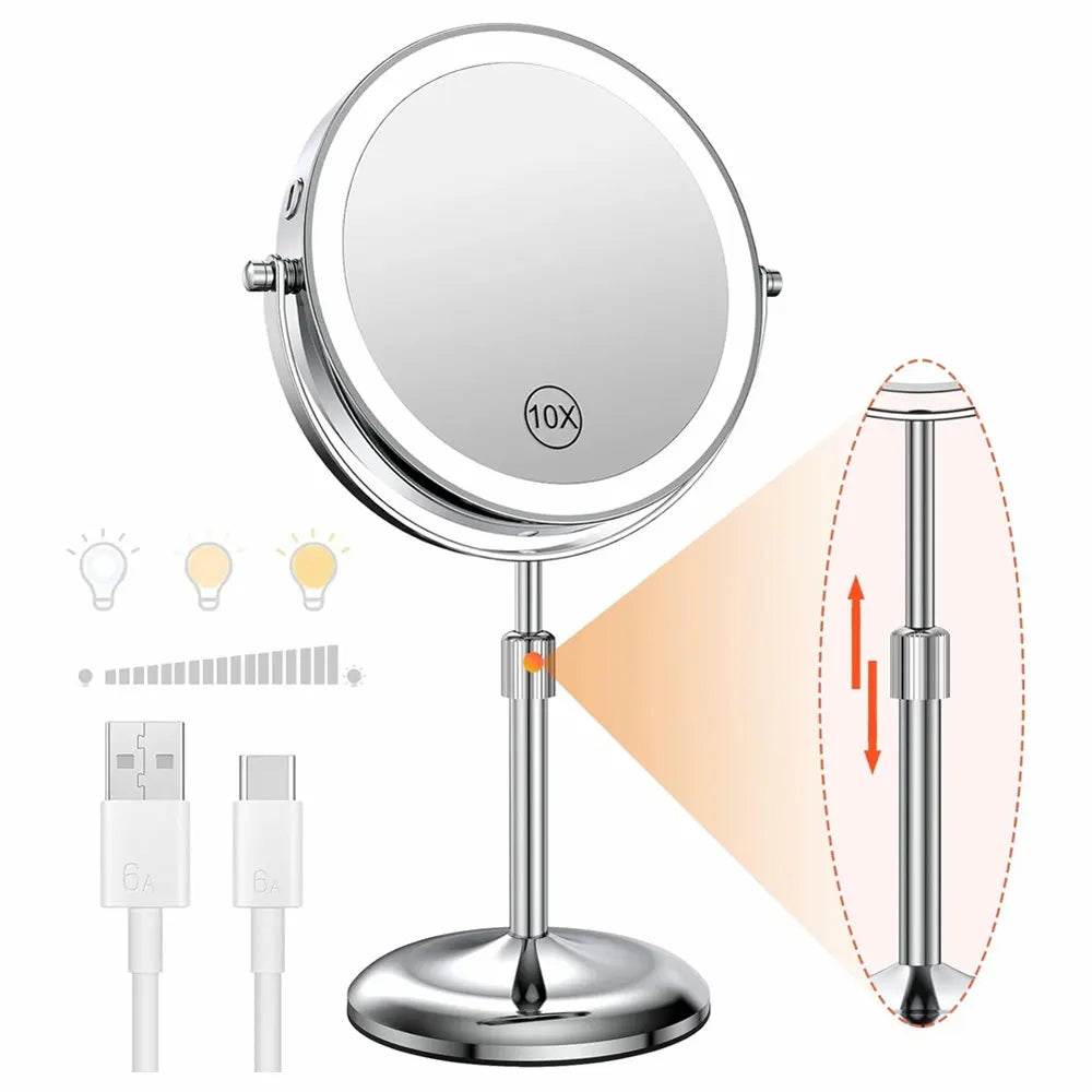 Miroir de maquillage 8 pouces avec lampe lumineuse, grossissement x10, 3 couleurs d'éclairage, luminosité réglable, hauteur réglable, miroir cosmétique sur pied