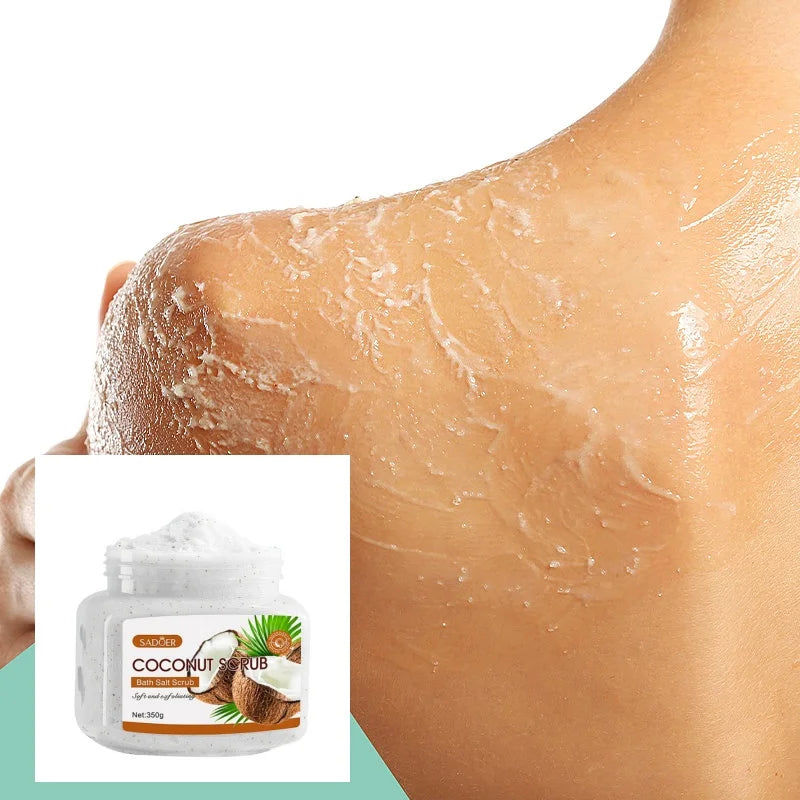 Gommage à la noix de coco de 350 g, riche en poudre de coque de noix, glycérine, extrait de noix de coco et autres ingrédients de soin, avec un parfum frais et intense de noix de coco.