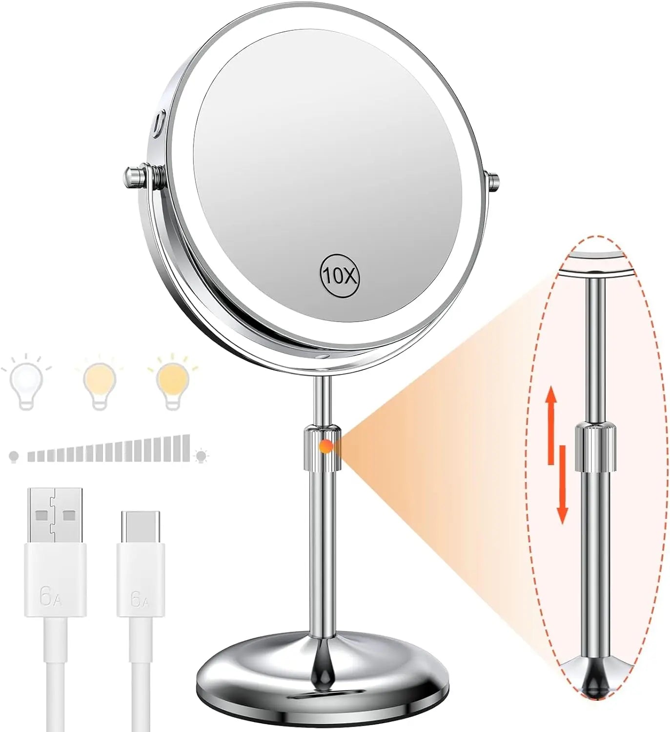 Miroir de maquillage 8 pouces avec lampe lumineuse, grossissement x10, 3 couleurs d'éclairage, luminosité réglable, hauteur réglable, miroir cosmétique sur pied