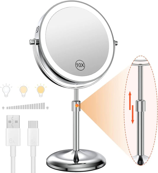 Miroir de maquillage 8 pouces avec lampe lumineuse, grossissement x10, 3 couleurs d'éclairage, luminosité réglable, hauteur réglable, miroir cosmétique sur pied