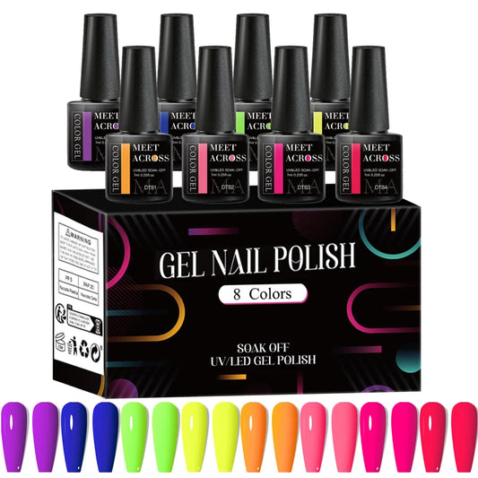 MEET ACROSS - Ensemble de 8 vernis à ongles gel fluorescents pour l'été et le printemps, avec paillettes laser colorées et manucure gel.