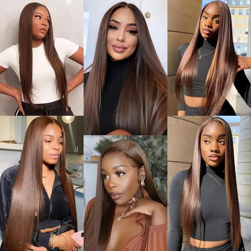 Perruques en cheveux humains lisses brun chocolat pour femmes, perruque frontale en dentelle HD 13x6, perruque frontale en dentelle 13x4 pré-épilée et colorée, 30 à 36 pouces.
