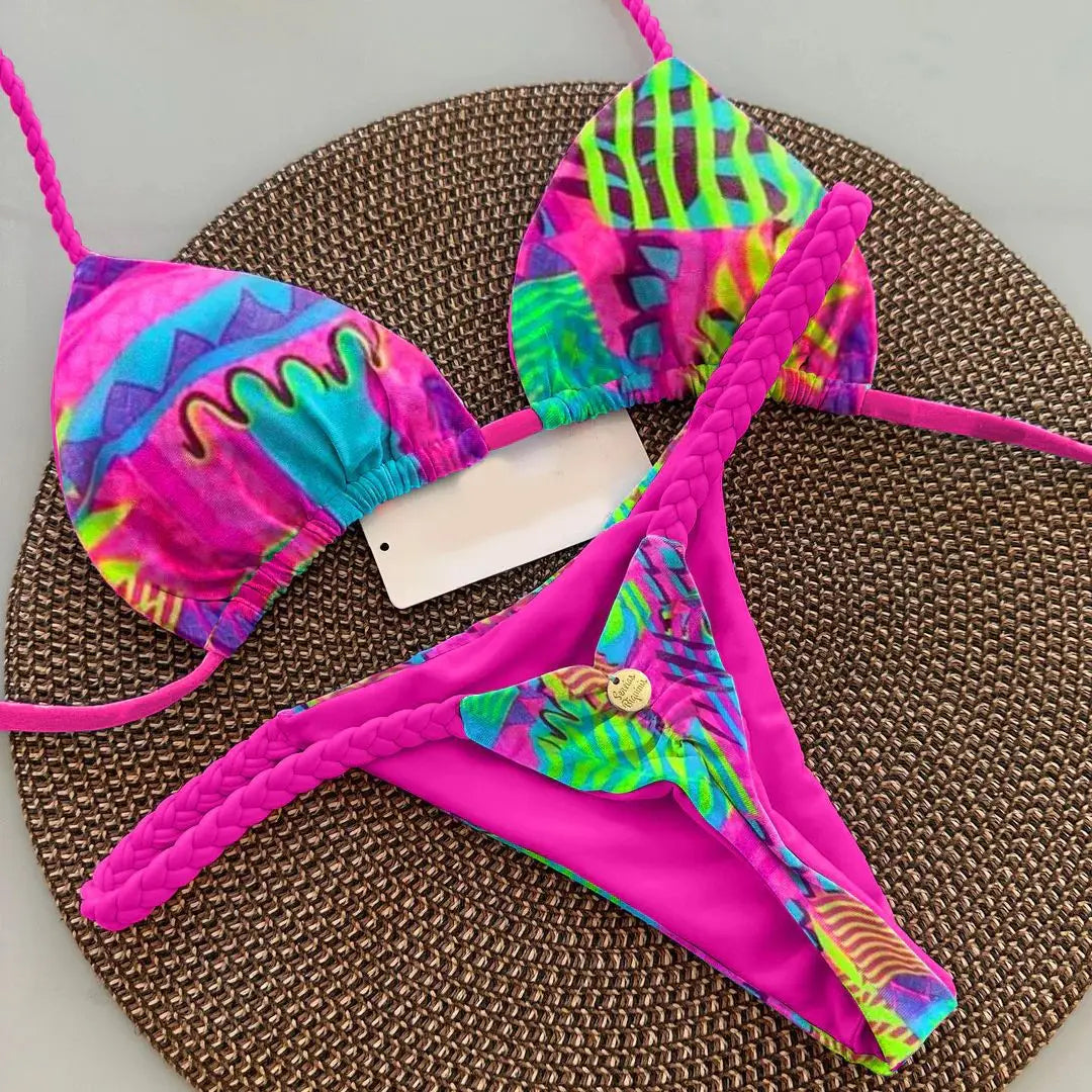 Nouveau bikini imprimé fendu pour femme, maillot de bain string tendance pour les vacances à la plage