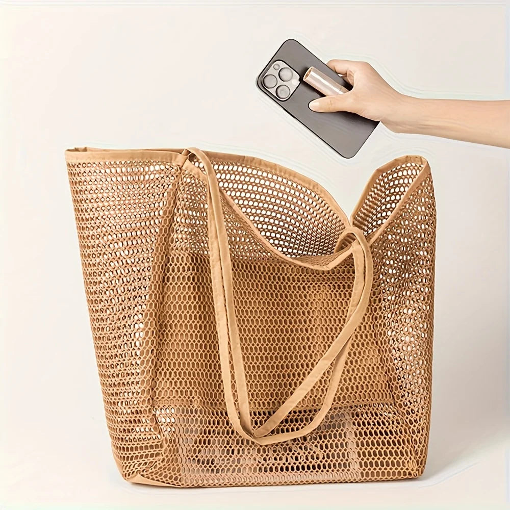 Sac cabas de plage grande capacité pour femme - Sac bandoulière en polyester tissé résistant avec ouverture sur le dessus, idéal pour les voyages et le shopping.