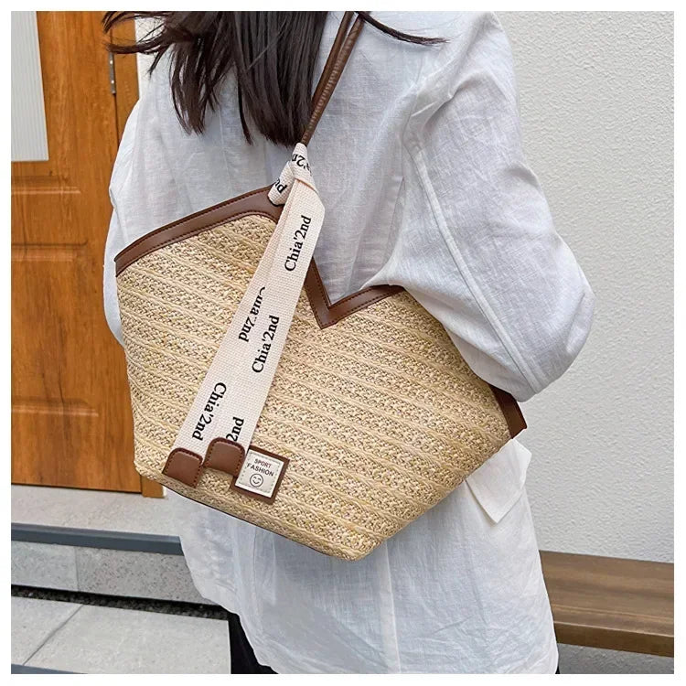Sac bandoulière grande capacité pour femme, sac à main d'été en paille tressée, sac de plage de luxe, cabas style balinais