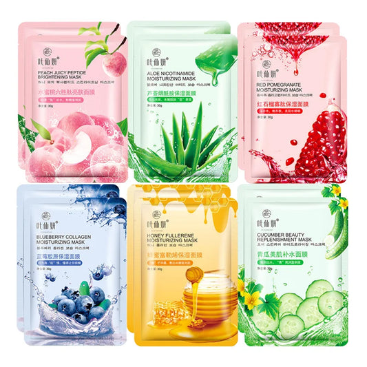 12 masques faciaux hydratants aux myrtilles, à l'aloe vera, au concombre et à la pêche, pour un soin du visage beauté.