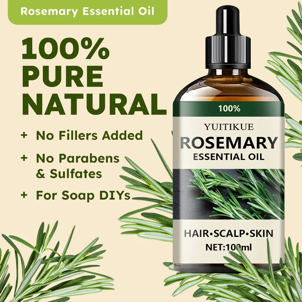 Huile essentielle de romarin 100% pure, adaptée aux cheveux, au cuir chevelu et à la peau, huile d'aromathérapie naturelle, nourrissante et revitalisante.