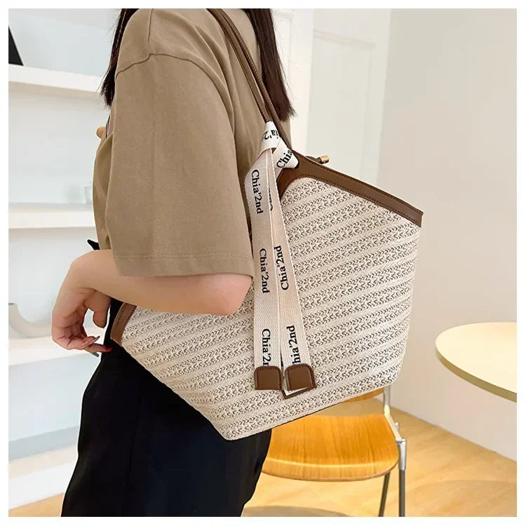 Sac bandoulière grande capacité pour femme, sac à main d'été en paille tressée, sac de plage de luxe, cabas style balinais