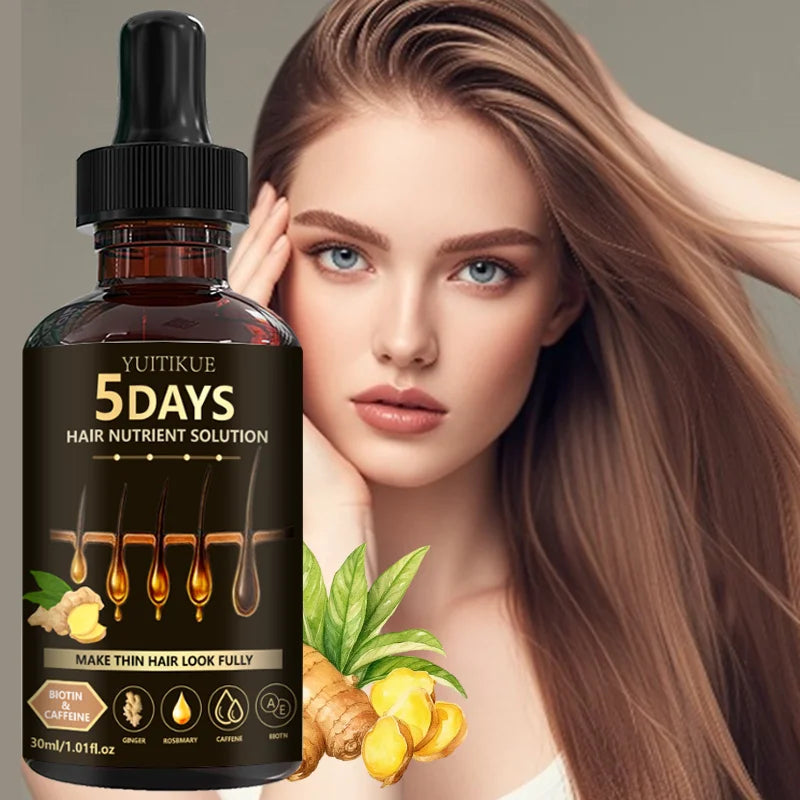 Sérum capillaire YUITIKUE 5 jours pour la croissance des cheveux - Solution nutritive à la biotine et à la caféine, enrichie en gingembre et en romarin, pour des cheveux plus épais et plus fournis.