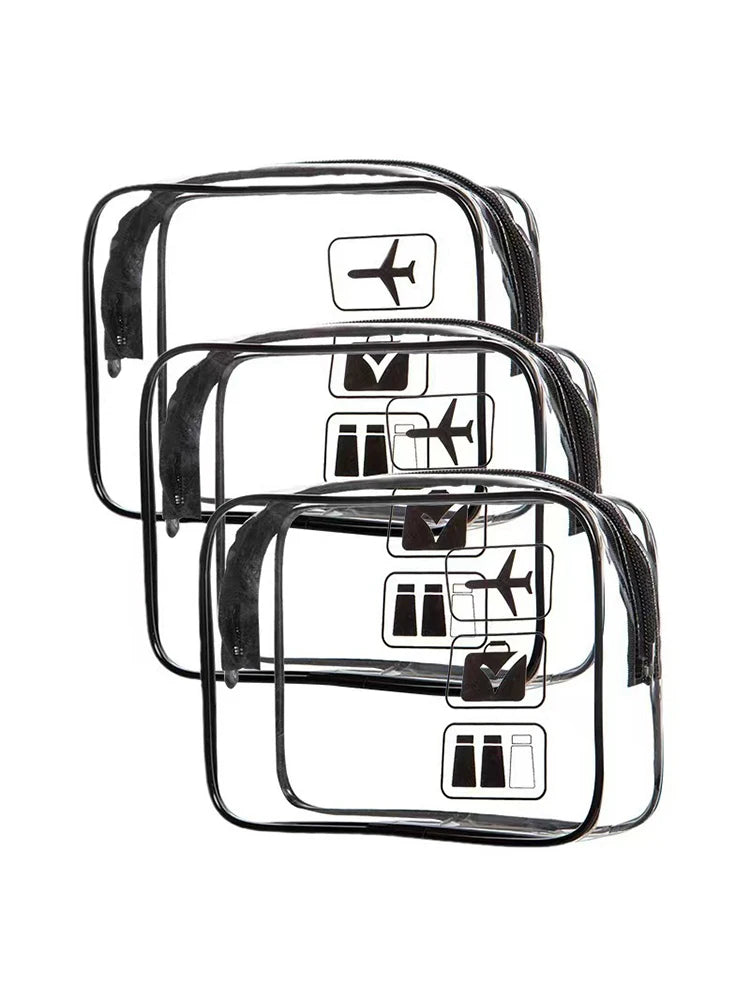 Trousse cosmétique 3 pièces transparente, trousse de toilette, format cabine, conforme aux normes des compagnies aériennes, trousse de toilette de voyage pratique.