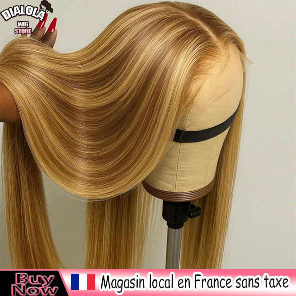 Perruque en cheveux humains lisses avec mèches ombrées, perruque frontale en dentelle HD 13x6, 100 % cheveux humains, densité 200, perruque brésilienne pré-épilée 13x4