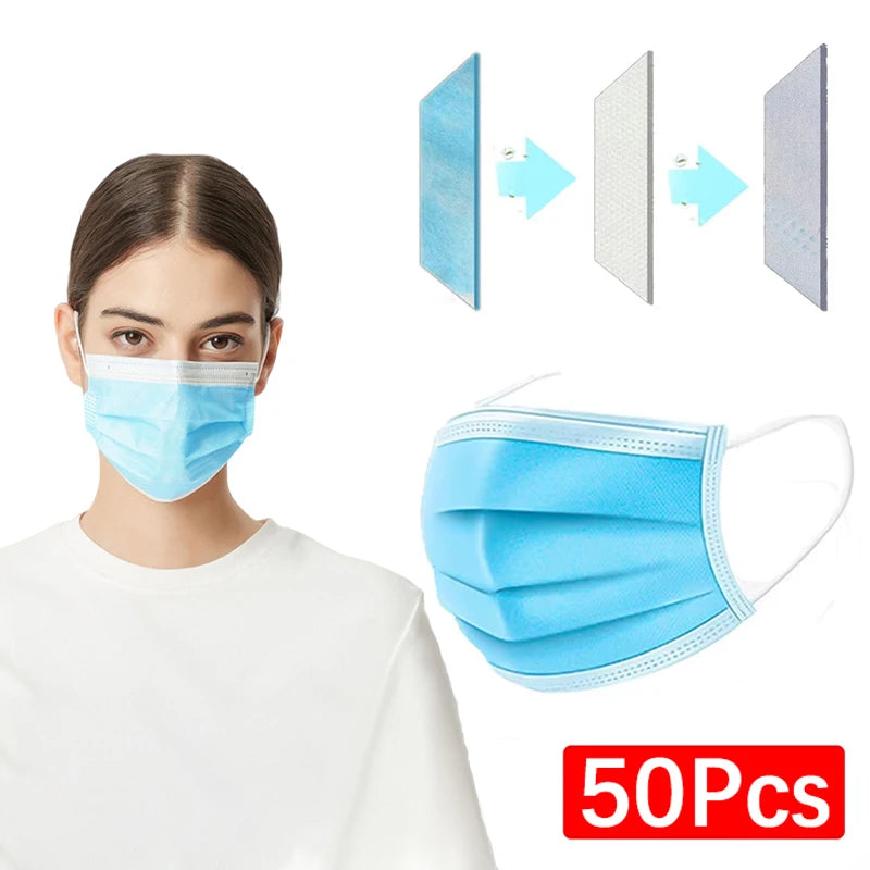 Lot de 50 masques de protection jetables à 3 couches en tissu non tissé, bleus, pour adultes.