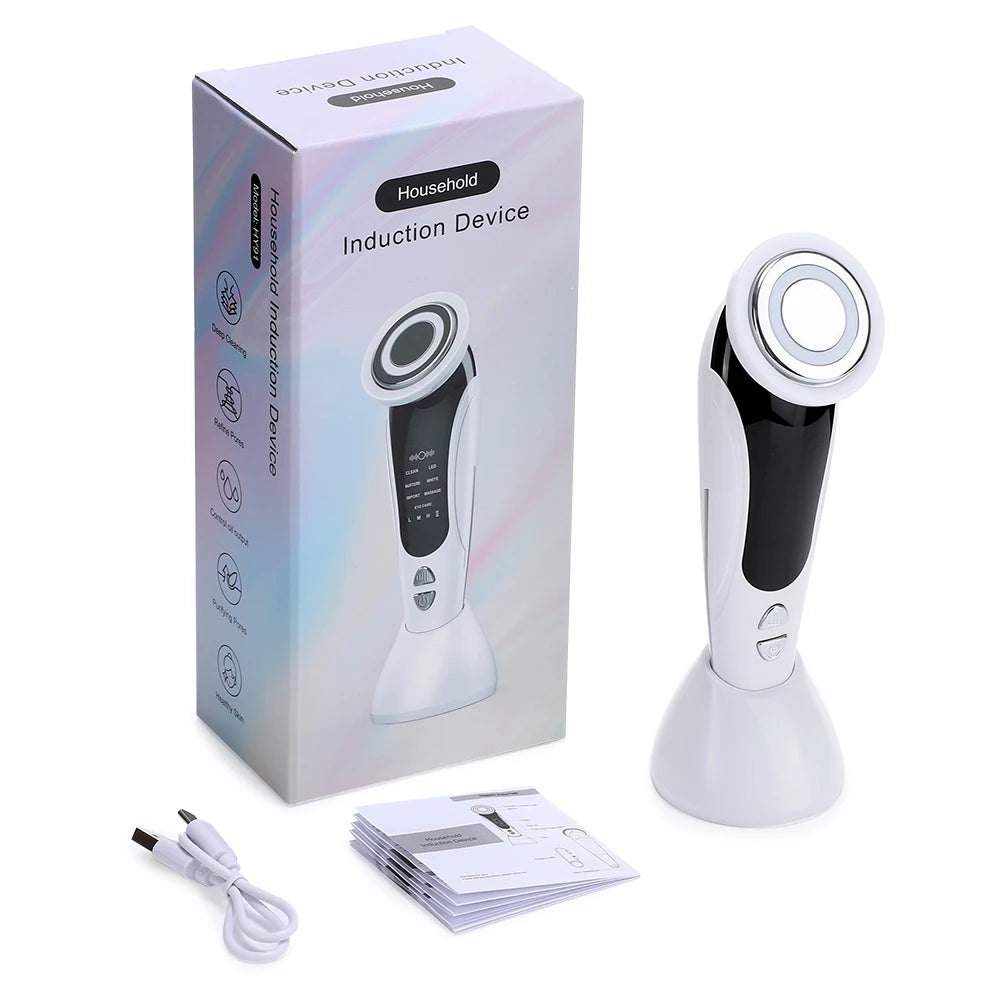 Appareil de massage facial 7 en 1 EMS avec vibration, compresse chaude, rajeunissement de la peau, raffermissement du visage, nettoyage en profondeur et soin de beauté