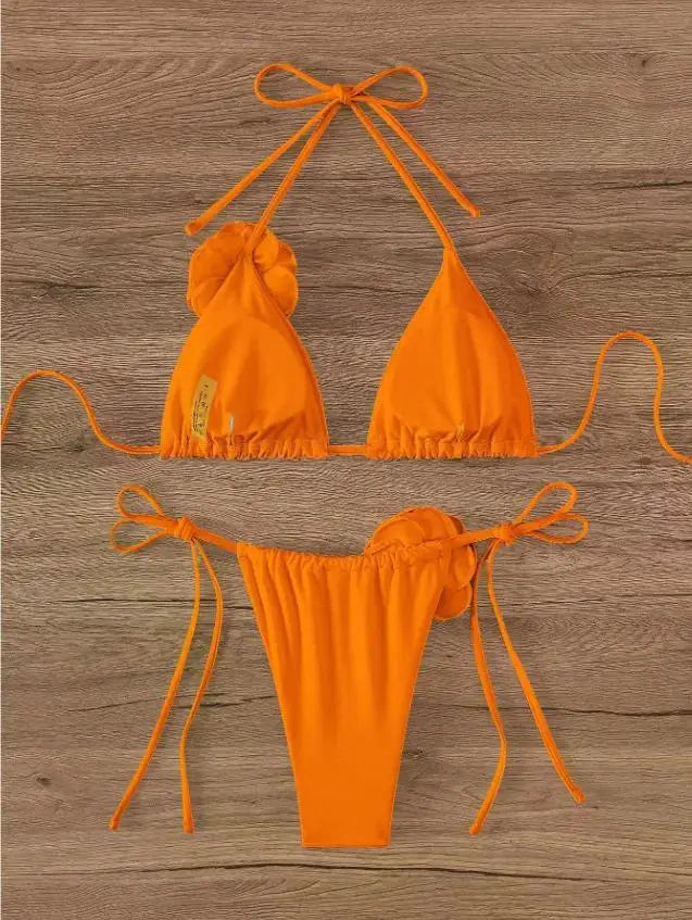 Maillot de bain deux pièces bikini sexy à fleurs 3D, bretelles et dos nu, tailles S à L.