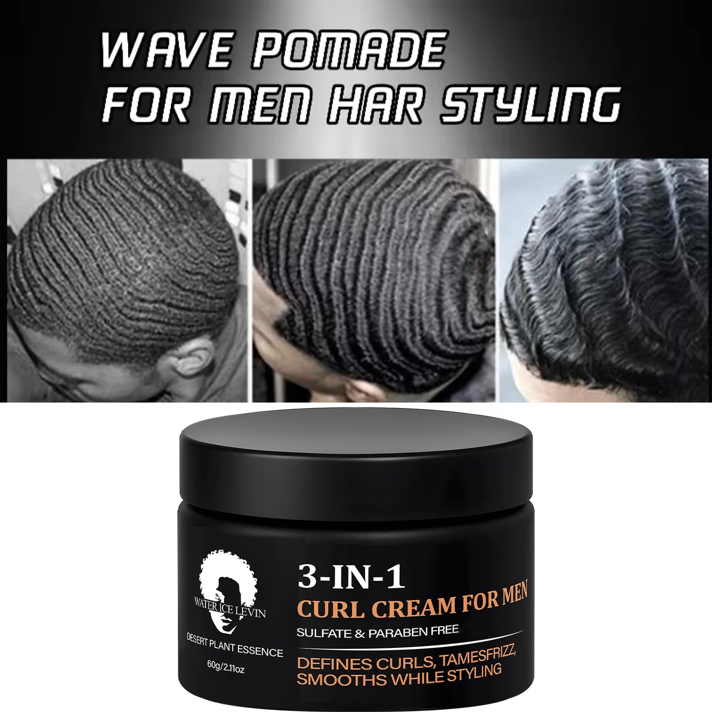 Crème bouclante 3 en 1 pour hommes, sans sulfates ni parabènes, définit les boucles et dompte les frisottis, crème coiffante lissante.