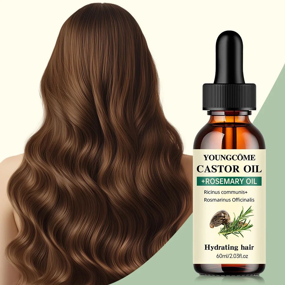 Mélange d'huile de ricin et d'huile de romarin pour la pousse des cheveux. Améliore l'épaisseur et la brillance des cheveux, réduit la chute et les pointes fourchues. Huile capillaire