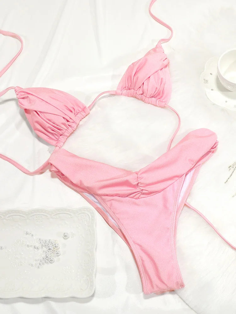Ensemble bikini sexy à plis, micro bikini uni, maillot de bain femme triangle, tenue de plage