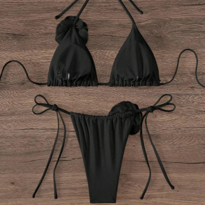 Maillot de bain deux pièces bikini sexy à fleurs 3D, bretelles et dos nu, tailles S à L.
