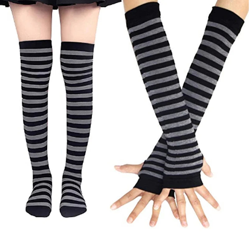 Chaussettes hautes rayées noires et blanches, chaussettes montantes sexy et fines en coton, chaussettes de cosplay