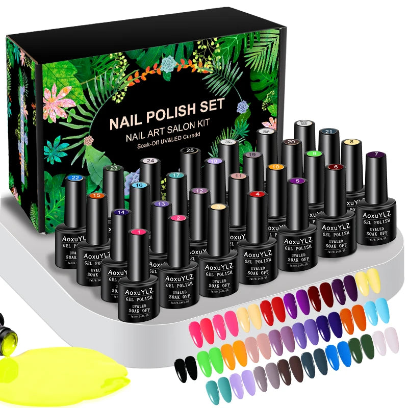 Ensemble de 28 vernis à ongles gel en flacon de verre, vernis gel UV semi-permanent rouge et rose, vernis gel multicolores