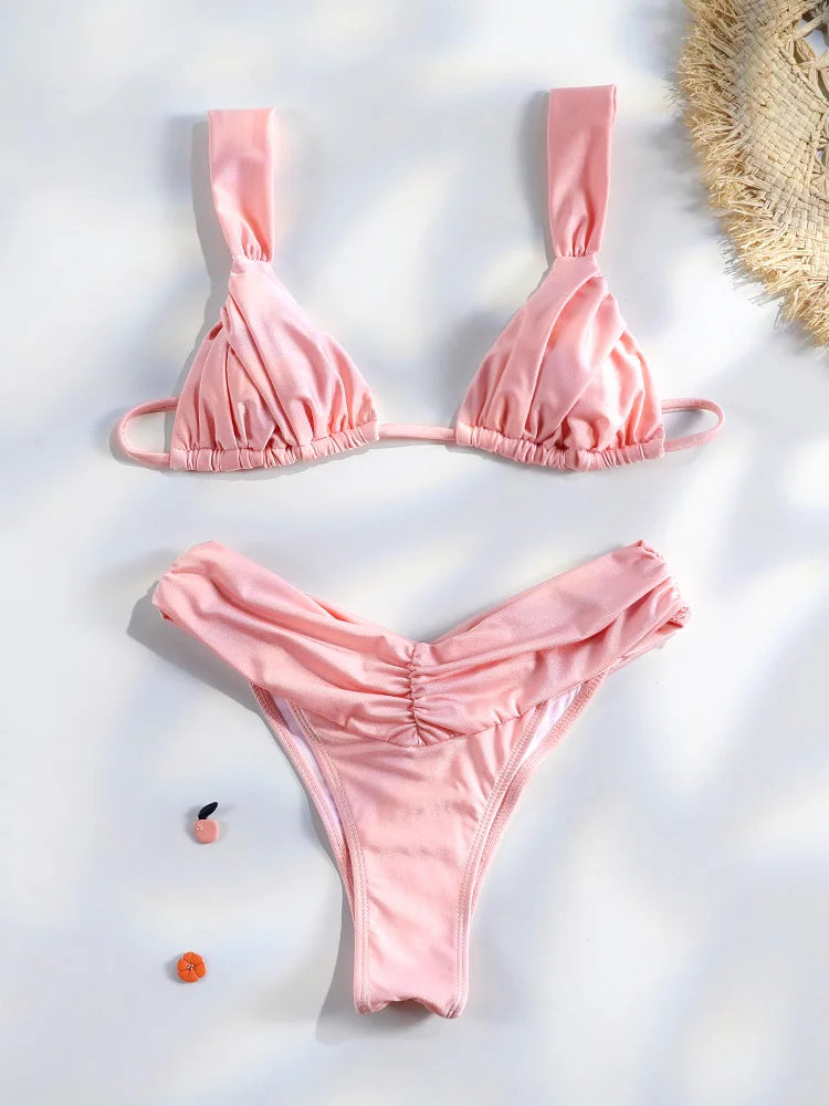 Ensemble bikini sexy à plis, micro bikini uni, maillot de bain femme triangle, tenue de plage
