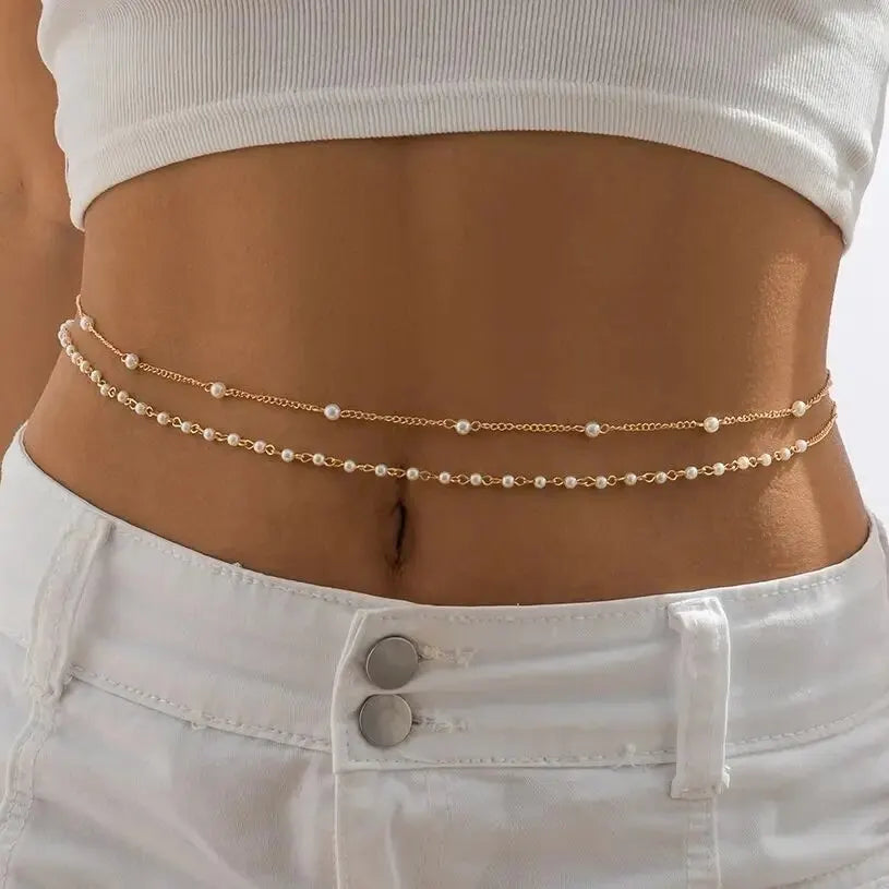 Ensemble de 2 pièces : chaîne de taille et de ventre sexy bohème avec perles d'imitation, idéale pour l'été, les bikinis et autres occasions spéciales. Bijou de corps double couche. Accessoires de festival.