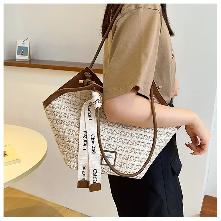 Sac bandoulière grande capacité pour femme, sac à main d'été en paille tressée, sac de plage de luxe, cabas style balinais