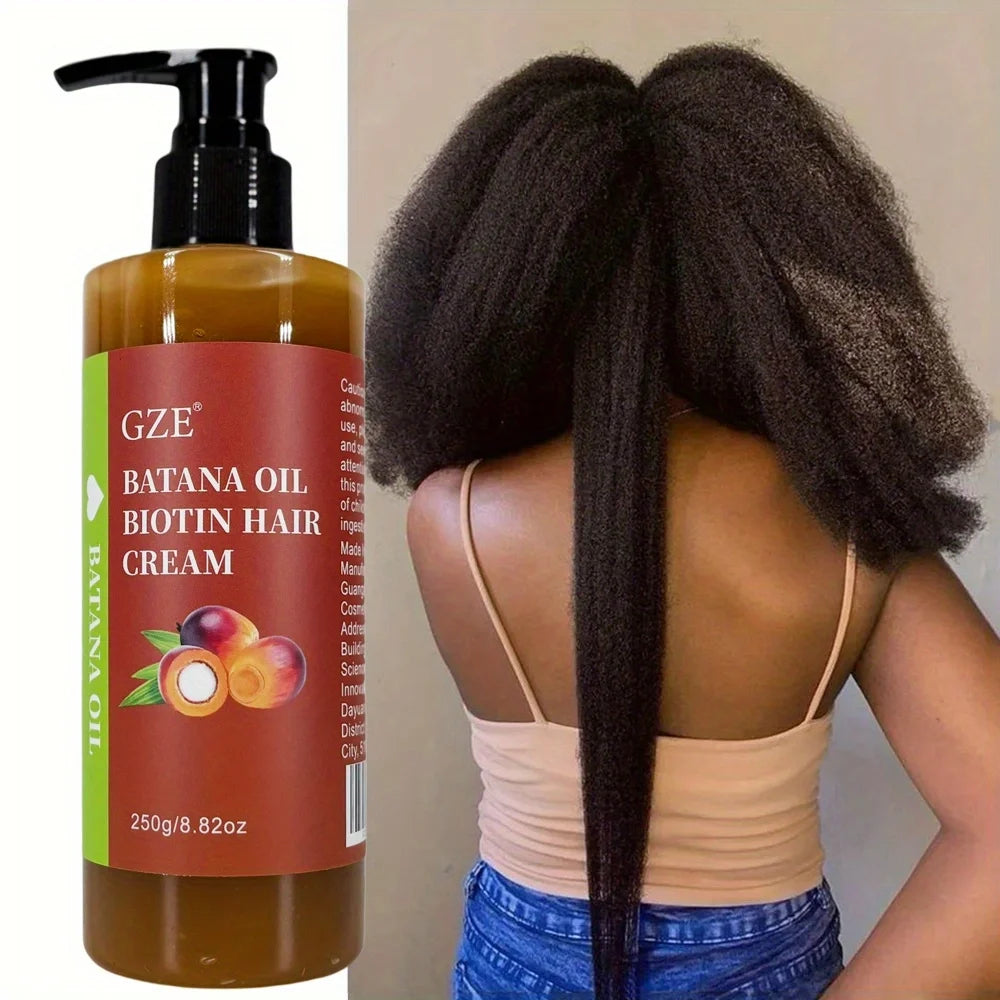 Crème capillaire à l'huile de batana et à la biotine GZE : fortifie les cheveux, répare les pointes fourchues et apporte de la douceur aux cheveux secs.