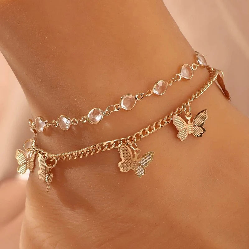 Bracelet de cheville bohème, chaîne de pied, bracelet d'été, pompon, étoile, pendentif en cristal, breloque, sandales, pieds nus, plage, bijou de mariée J022