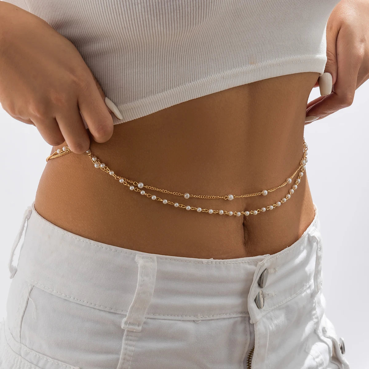Ensemble de 2 pièces : chaîne de taille et de ventre sexy bohème avec perles d'imitation, idéale pour l'été, les bikinis et autres occasions spéciales. Bijou de corps double couche. Accessoires de festival.