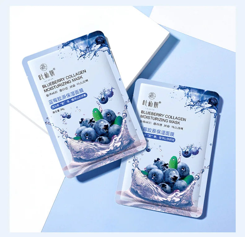 12 masques faciaux hydratants aux myrtilles, à l'aloe vera, au concombre et à la pêche, pour un soin du visage beauté.
