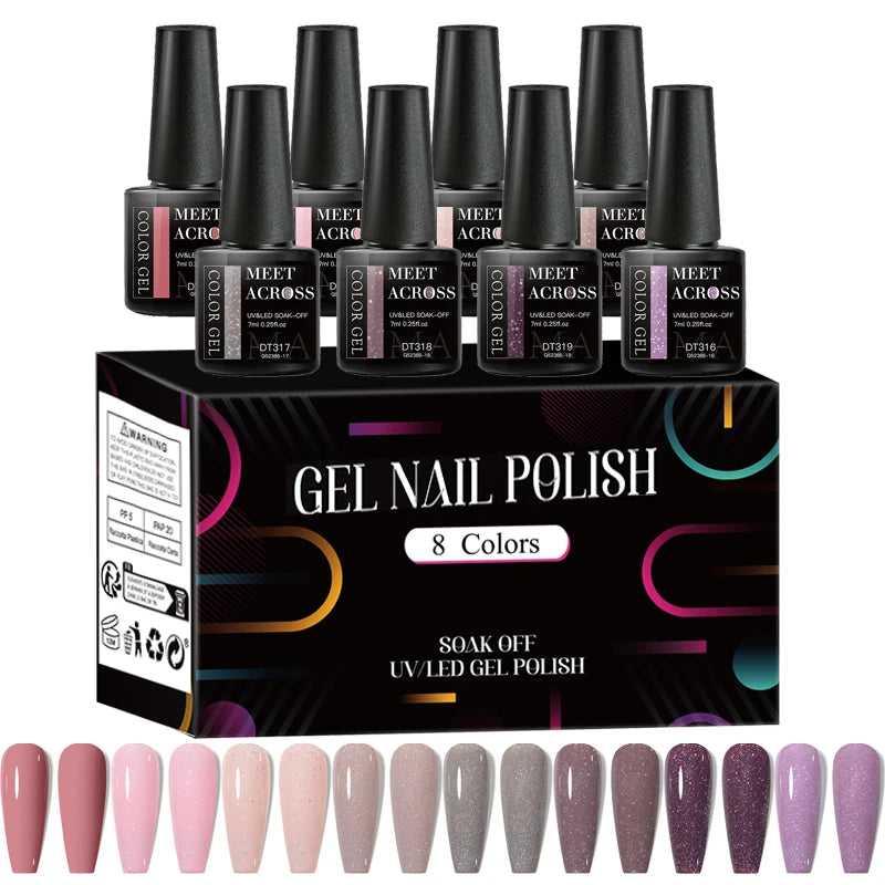 MEET ACROSS - Ensemble de 8 vernis à ongles gel fluorescents pour l'été et le printemps, avec paillettes laser colorées et manucure gel.