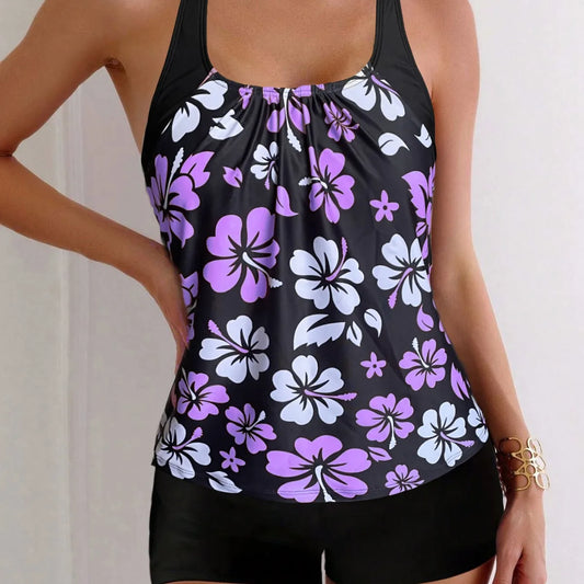 Maillot de bain deux pièces pour femme: culotte taille haute à imprimé floral, en polyester, idéal pour la natation et les sports nautiques. Design sobre.