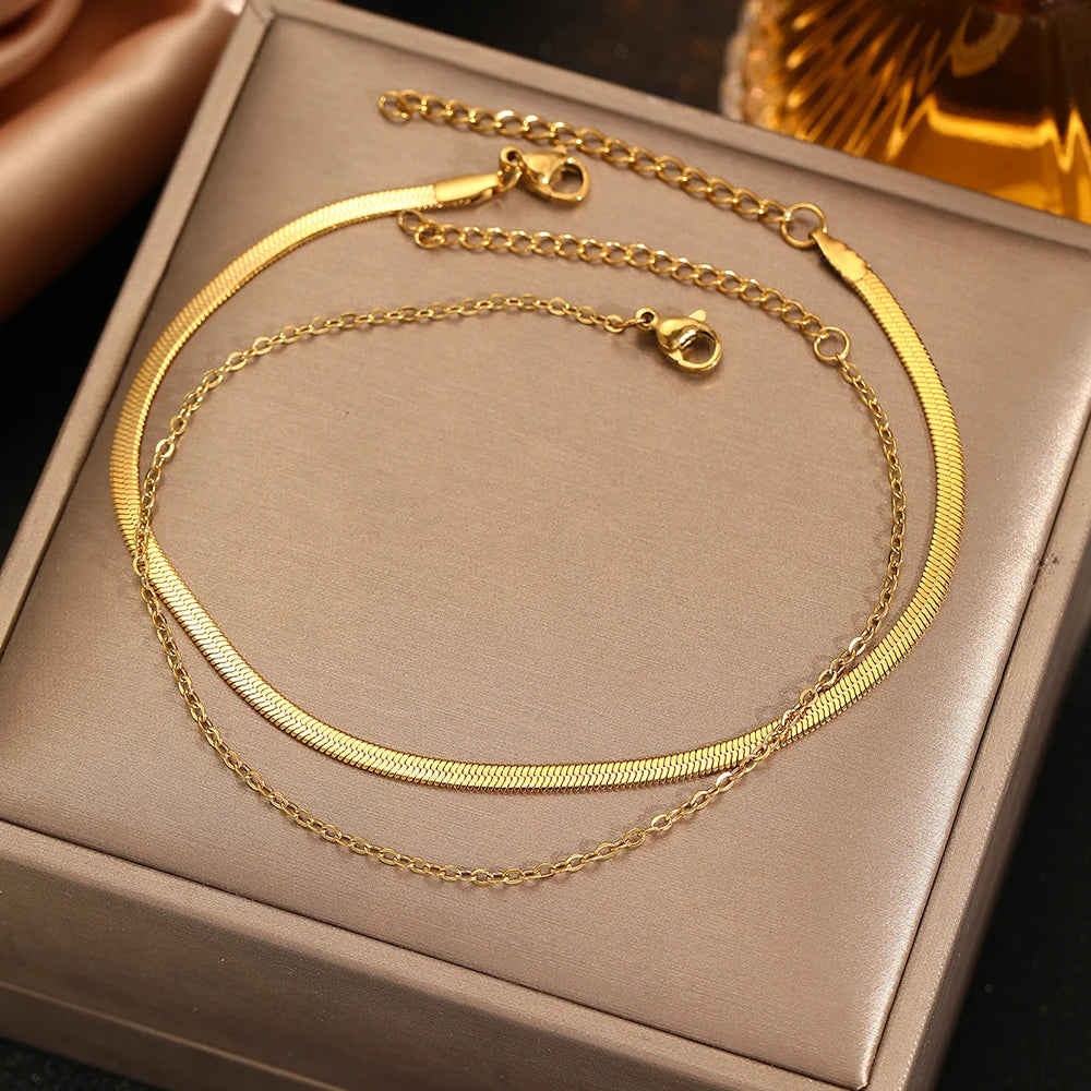 Bracelet de cheville DGIDDK en acier inoxydable, style simple et tendance, double couche, pour femme, bijou de pied polyvalent et original.