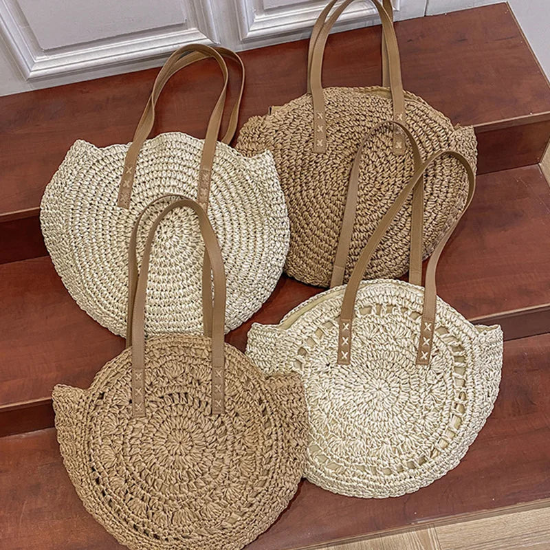 Sac cabas rond d'été en paille tressée pour femme, grande capacité, ajouré, style simple.