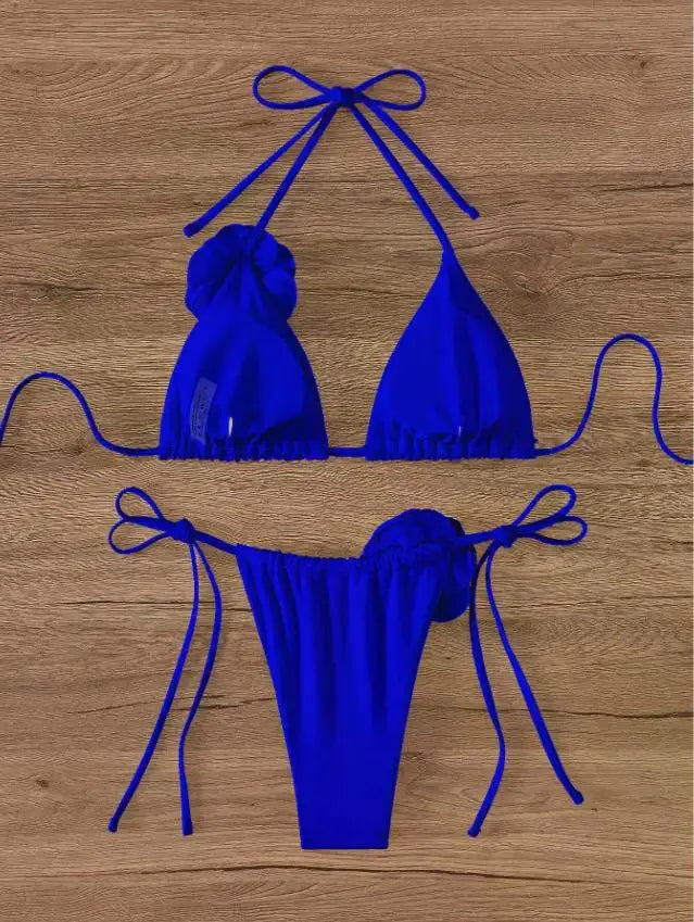 Maillot de bain deux pièces bikini sexy à fleurs 3D, bretelles et dos nu, tailles S à L.