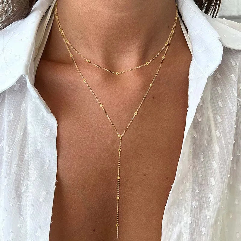 Collier ras-de-cou plaqué or pour femme, double chaîne longue avec pendentif, cadeau tendance