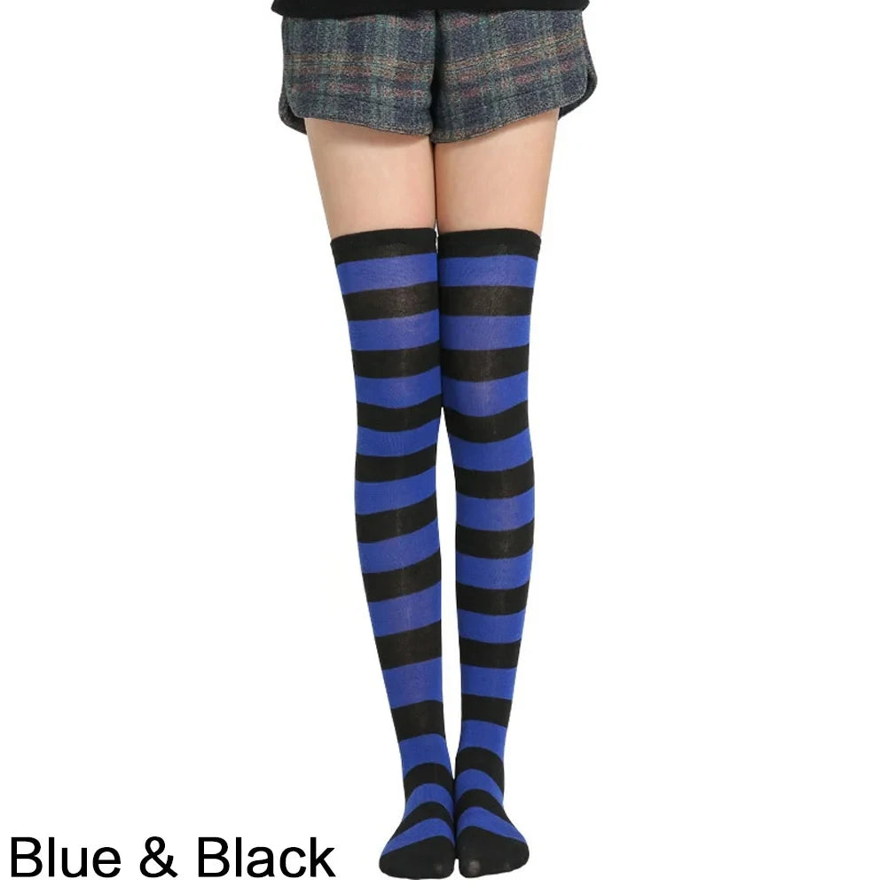 Chaussettes hautes à rayures imprimées pour femme, montantes jusqu'aux cuisses, en coton à motifs rayés