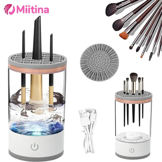 Nettoyeur de pinceaux de maquillage électrique portable 3 en 1 avec prise USB et brosses en caoutchouc pour un nettoyage en profondeur et une utilisation simplifiée.